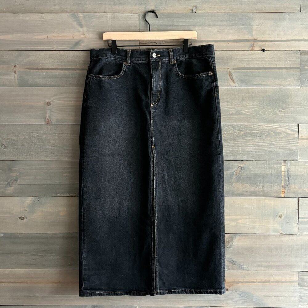 Y2K ZARA | Black Denim Front Slit Midi Skirt Size XL